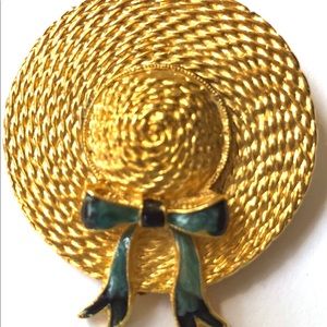Brooch Straw Hat Liz Claiborne Blue enamel Hatband and bow Goldtone 1 1/2 x1 3/4